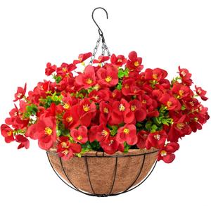 Artificial Hanging Flowers for Outdoors Summer Decoration, 12 Hanging Basket with Faux UV Resistant Silk Flowers, Realistic Fake Hanging Eucalyptus Plants for Porch Home Patio Balcony Yard (Red)