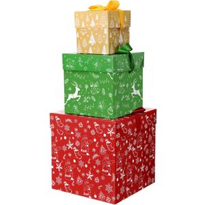 TecUnite 3 Pcs Christmas Stackable Nesting Gift Boxes Christmas Decorative Boxes with Lids for Present Wrapping Xmas New Year Holiday Party Xmas Tree Decor (Classic, Red, Green, Gold)