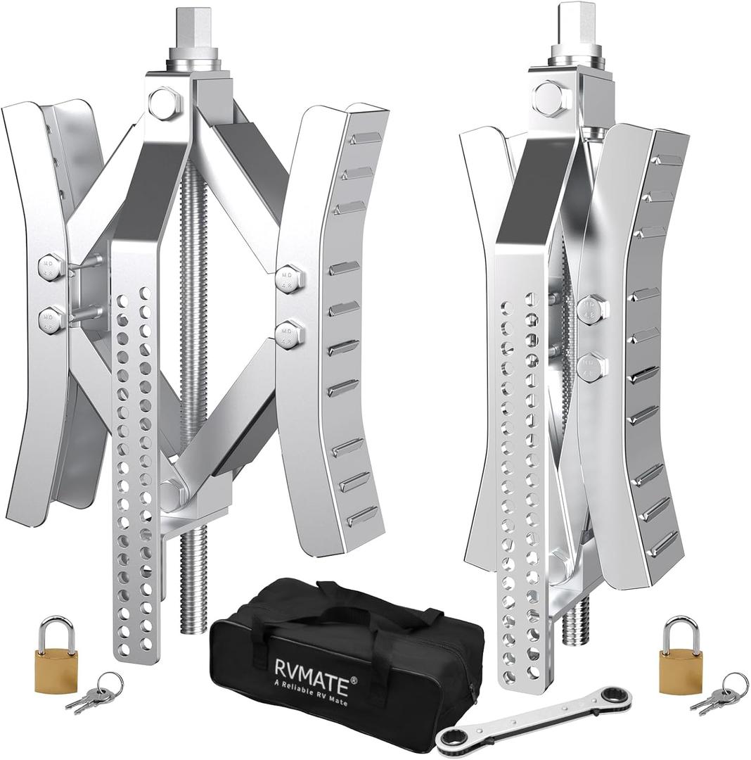 RVMATE RV Camper Wheel Chock Stabilizer Scissor, X Chocks Wheel Stabilizer (2 Packs) for RV Travel Trailer Tires, X Chock for Locking Tandem Wheels When Parked on Uneven Surfaces, Silver.