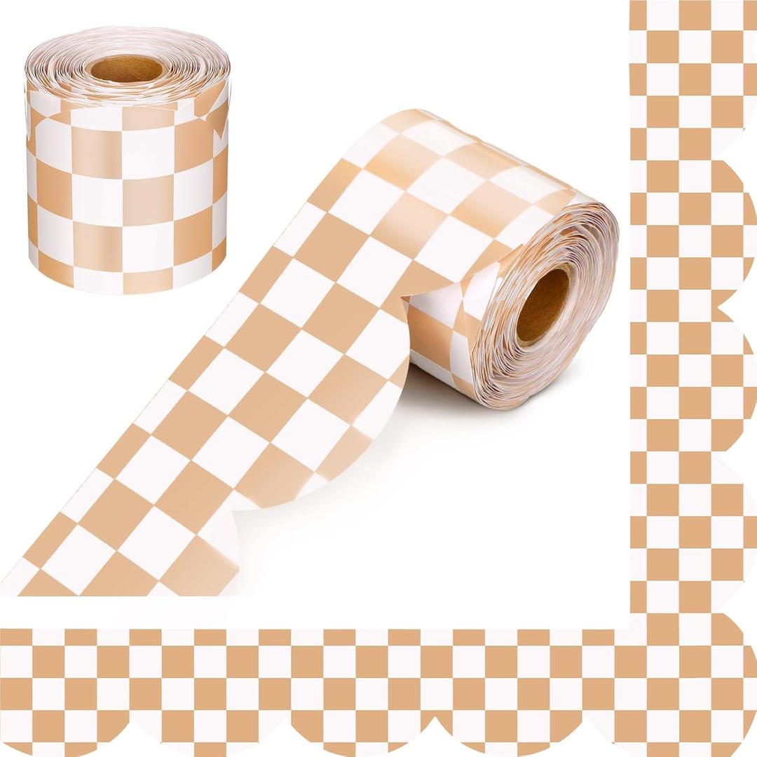 65.6 FT Bulletin Board Borders White and Brown Checkered Scalloped Borders Trim Self-Adhesive Scalloped Decorative Trim Roll Back to School Decor for School Blackboard Desk Wall