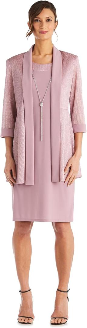 R&M Richards Women's Formal 2-Piece Metallic Rib Knit Pleated Jacket & Shift Dress Set with Necklace for Mother of the Bride, Mauve Size 14
