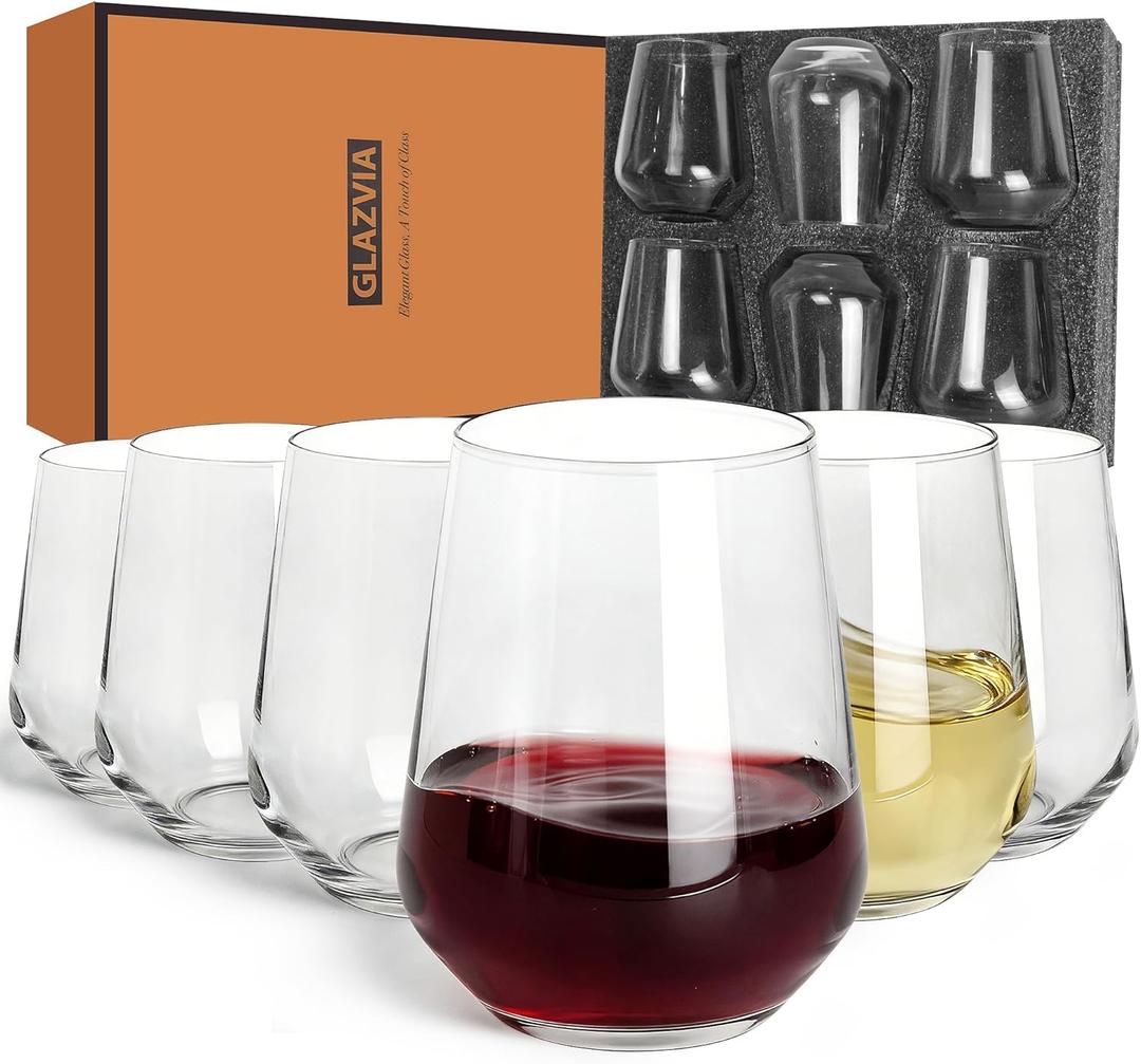 Stemless Wine Glasses Set of 6, 15oz Clear Drinking Glassware Dishwasher Safe, Wine Glass Tumblers for Red or White, Gift for Party, Holiday, Anniversary, Restaurant, Home Bar, Daily Use