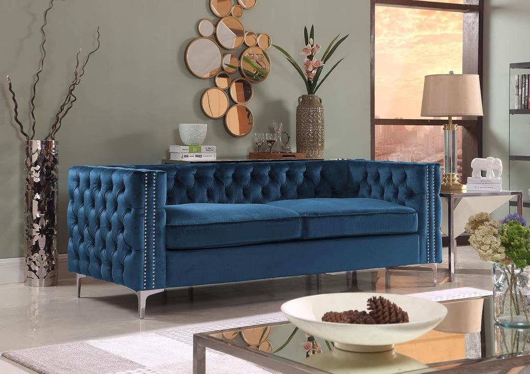 Iconic Home Da Vinci Modern Contemporary Velvet Button Tufted with Silver Nailhead Trim Silvertone Metal Leg Sofa, Navy