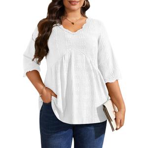 Plus Size Tops for Women 3/4 Lace Sleeve Shirts V Neck Blouses Casual Loose Tunic Tops to Wear with Leggings (XL)