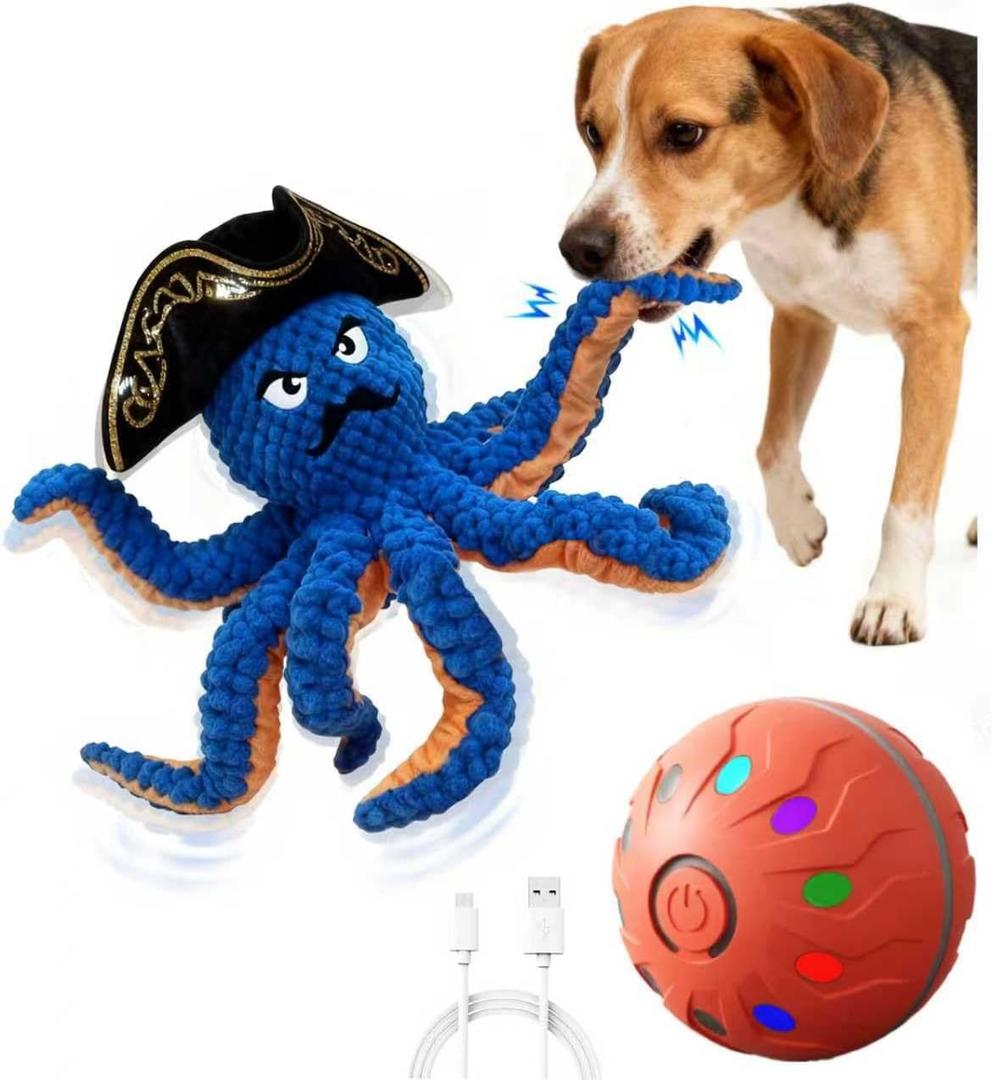 Octopus Dog Toy-Automatic Bouncing Ball, Moving Chew Toy with Bouncing Ball, Interactive Dog Toys for Small and Large Dogs, Automatic Moving Dog Ball Toys, Squeaky Tug of War Dog Toy to Keep Them Busy (BLUE)