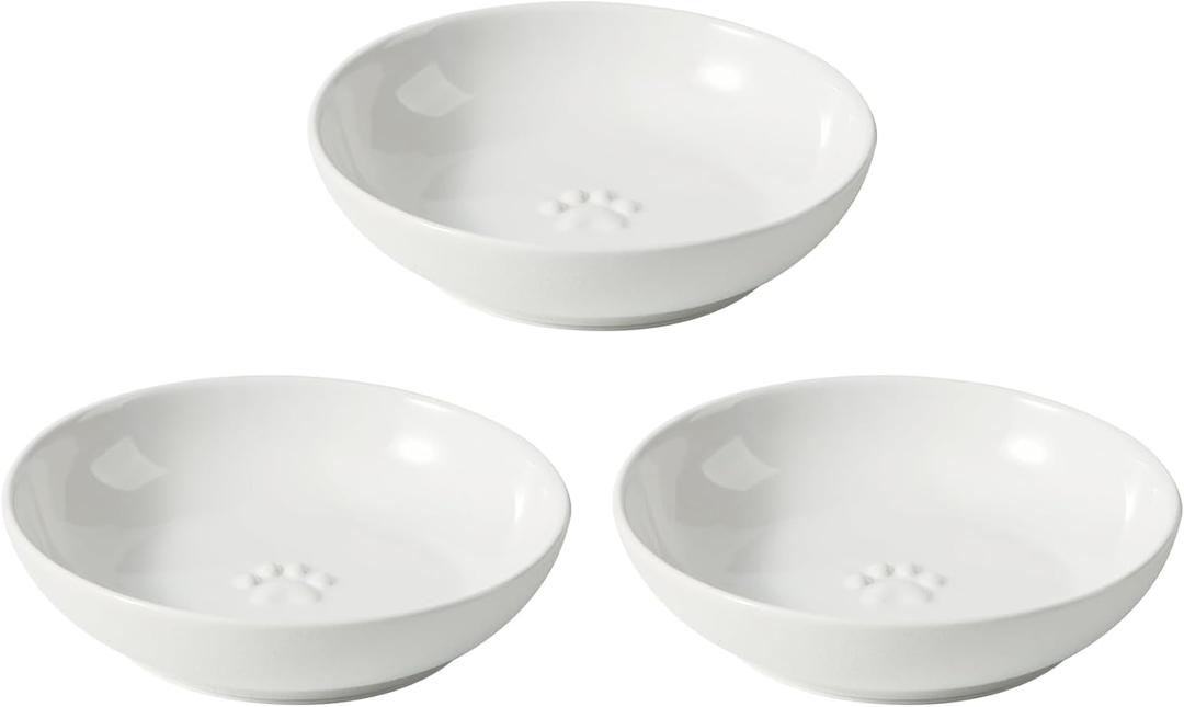 5.7'' Ceramic Wide Whisker Friendly Cat Dishes, Set of 3 Ceramic Cat Bowls, Indoor Kitten Feeding Food& Water Dish to Prevent Whisker Fatigue(3 Pcs,White)