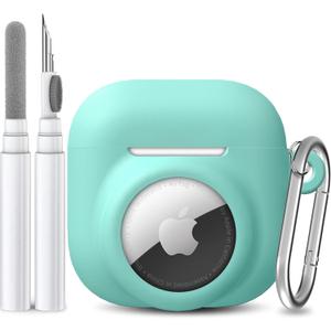 2 in 1 Silicone Case Compatible with AirPod 4 and AirTag 2/1, Shockproof Protective Skin Cover for AirPods 4th Generation with Cleaner Kit & Carabiner (Mint Green)