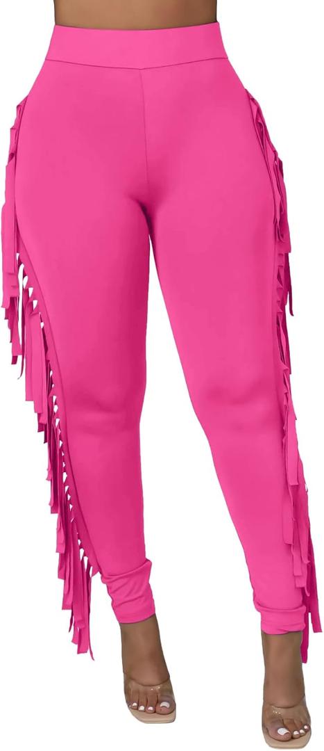 Choichic Women's Casual High Waist Fringed Pants With Elastic Waist - Bodycon Tassels Side Long Jogger Sweatpant (Pink, S)
