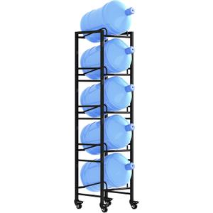 5 Gallon Water Jug Holder, Movable 5 Tier Heavy Duty Water Rack with 4 Wheels, Rack for Water Jug Storage, Space Saving Water Stand for Five 5 Gallon Water Jugs, Black