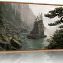 Rantodecor Coastal Forest Framed Canvas Wall Art, Pacific Northwest Coast landscape Wall Decor, Nature PNW Mountain Sea Art Paintings, Sage Green Pine Artwork for Bedroom Living Room Office 40"x20"