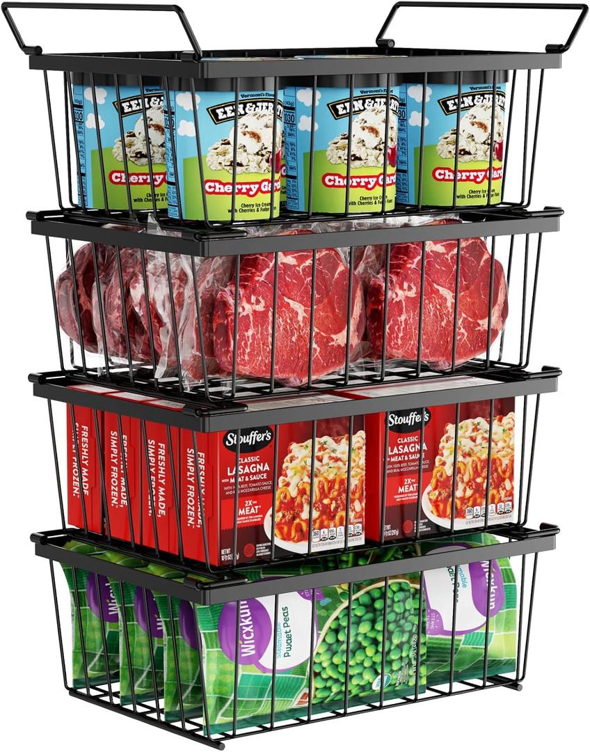 iSPECLE Freezer Organizer Bins - 4 Pack Stackable Deep Freezer Organizer Bins for 5 Cu.Ft Chest Freezer Sort Frozen Food, Heavy Duty Metal Storage Bins with Handles, Easy Access without Digging