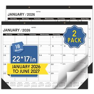 Desk Calendar 2026-2 PACK,January 2026 to June 2027,Desk calendar 2026-2027 Large 22x17, Calendar 2026 with PVC Cover,Round Holes& NOTES List (Black),18 Months 2026 Desk Calender.