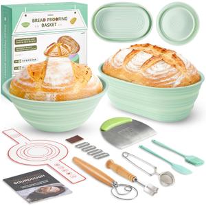 Silicone Sourdough Breads Baking Supplies, Sourdough Starter Kit, Banneton Bread Proofing Basket Set with 9" Round & 10" val, Artisan Bread Baking Tools, Silicone Bread Sling (Green)