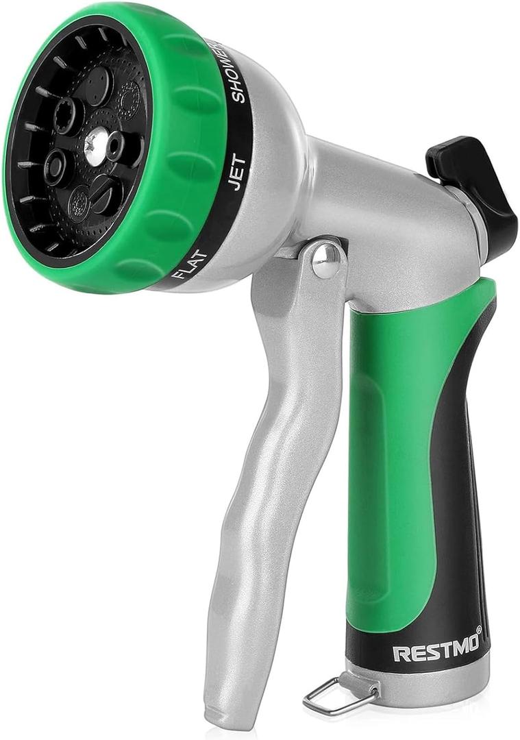 RESTMO Garden Hose Nozzle, Heavy Duty Metal Water Hose Nozzle with 7 Adjustable Spray Patterns, High Pressure Hand Sprayer with Flow Control for Watering Plants & Lawns, Washing Cars & Pets (Green)