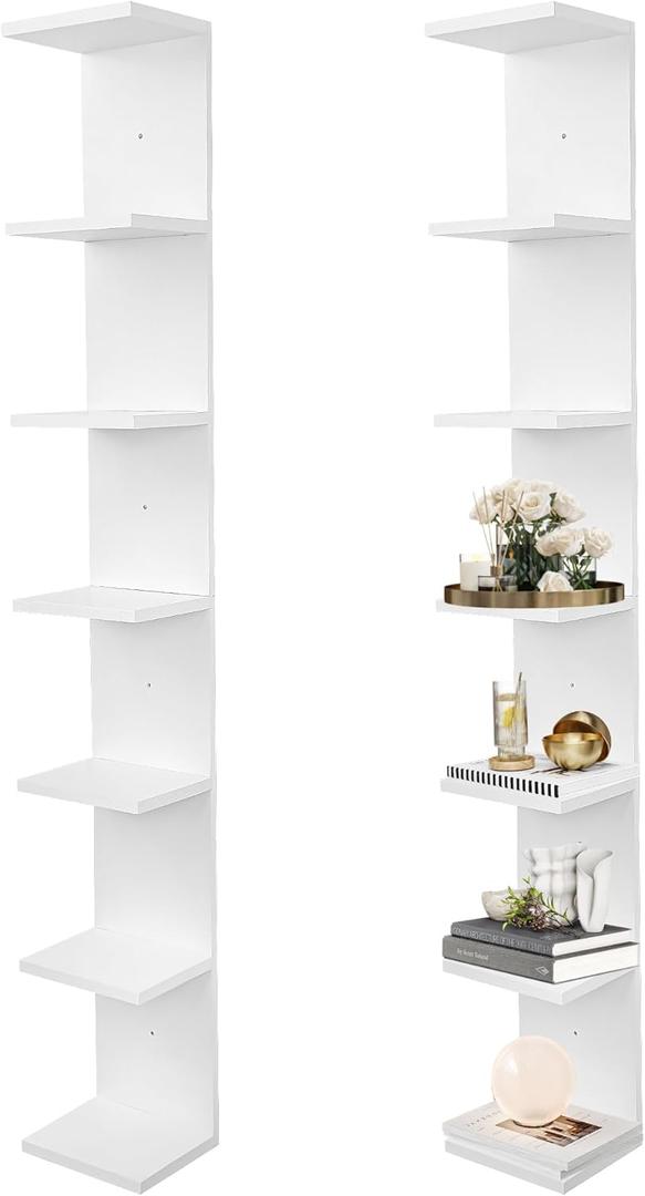 FURAOMEILI 7 Tier Wall Shelf Unit,Vertical Column Floating Storage Home Decor Organizer,White Lack Wall Shelf for Bedroom,Living Room,Office Decor(2 Pack)