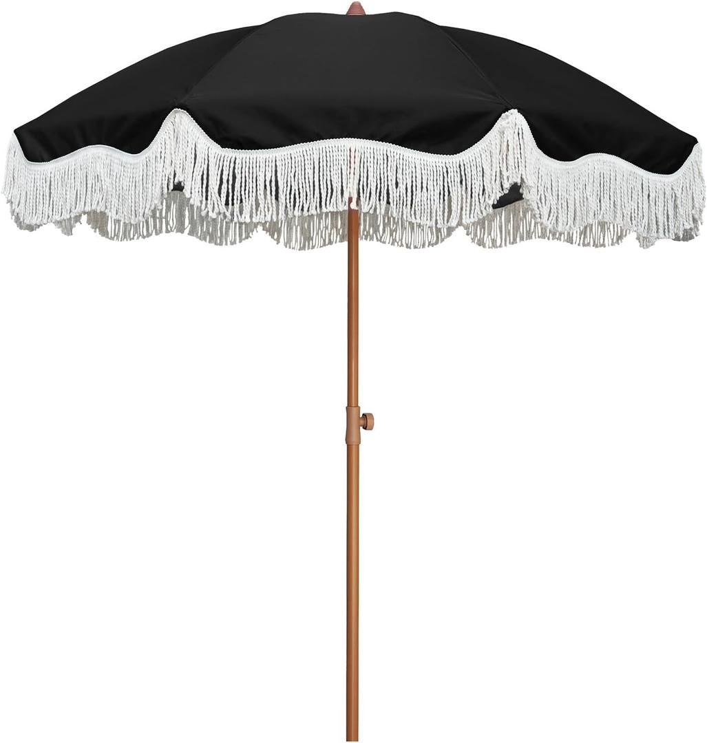 AMMSUN Boho Fringe Umbrella Outdoor Patio, 6.5ft UPF50+ Picnic Umbrella with Tassels with Steel Pole and Push Button Tilt, Noble Black