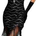 Women's 1920s Flapper Sequin Dress for Great Gatsby Theme Party Dress With Roaring 20s Accessories Set for Party (Black) XS