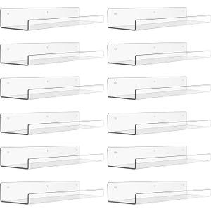 upsimples 12 Pack Acrylic Shelves Wall Organizer and Storage, 15" Display Shelf for Figure, Toy Cars, Perfume, Kids Bookshelf for Bedroom, Nursery, Craft Room, Clear