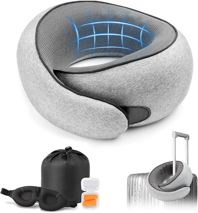 Purroch Travel Neck Pillow with 100% Pure Memory Foam, GShape, Includes Eye Mask & Ear Plugs, Ergonomic Design for Airplane, Car & Office, etc, Beige Gray