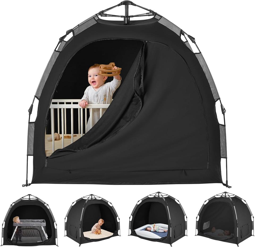 YAVIL Pack N Play Blackout Cover, ONE-Click Folding Baby Sleep Pod Crib Tent,Breathable Baby Travel Crib Canopy Tent,Block Out 95%+ Light,Baby Travel Essential