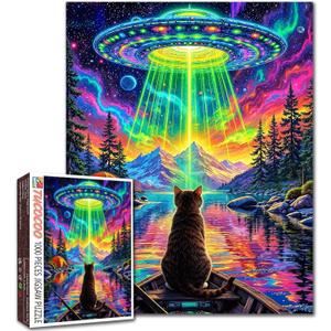 1000 Piece Jigsaw Puzzles for Adults Cute Cat in Boat Painting Jigsaw Puzzle Alien Spaceship,UFO 1000 Pieces Puzzles The Rocky Mountain DIY Craft Puzzle Cultural Family challenging Gift Bedroom Decor