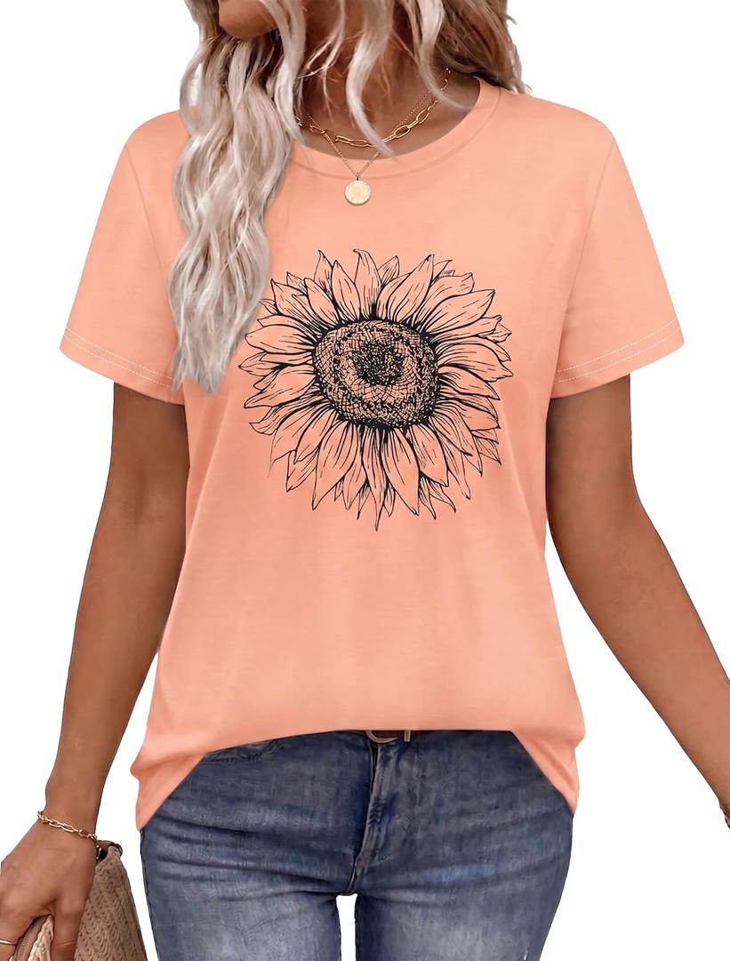 T Shirts for Women Summer Short Sleeve Crewneck Casual Cute Graphic Basic Tees Tops 2026, Apricot, Small