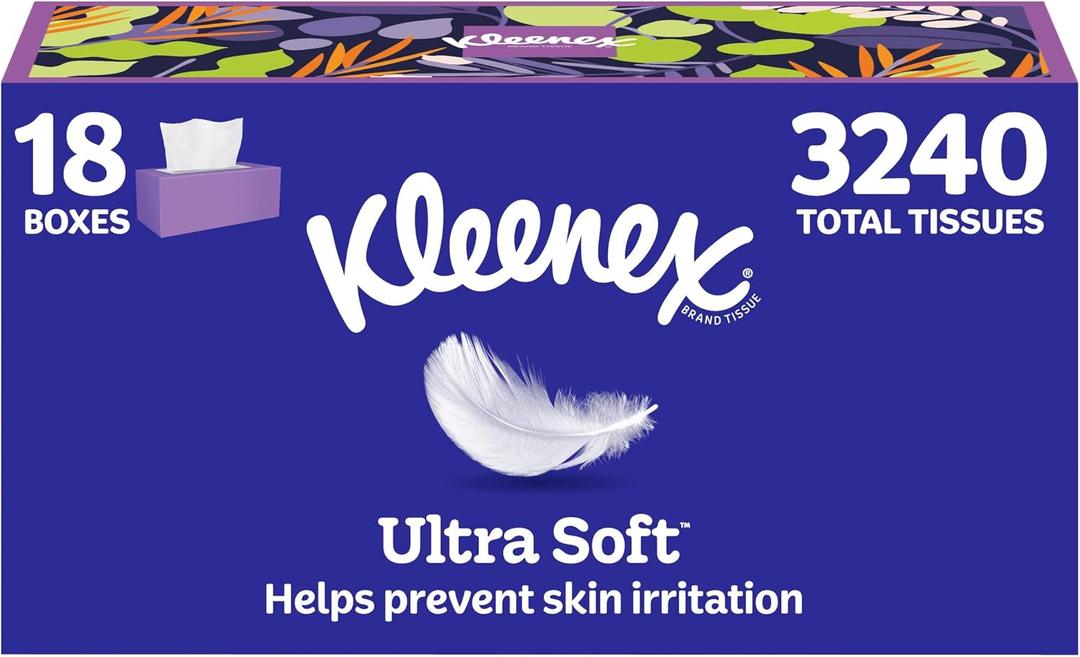 Kleenex Ultra Soft Facial Tissues, 18 Flat Boxes, 180 Tissues per Box, 3-Ply (3240 Total)