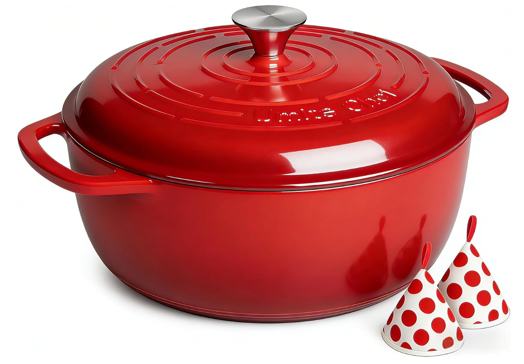 Umite Chef 6QT Enameled Cast Iron Dutch Oven with Lid, Versatile HeavyDuty Cookware Pot for Baking Bread, Braising, Soups & Stews, Oven & Stovetop Safe with Heat Resistant Gloves（Red）