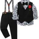 WESIDOM Toddler Boy Clothes Suit Formal Dress Shirt Bowtie Vest Boutonniere Suspender Pants Boys Gentleman Outfits Set. 4-5t