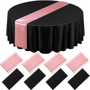 Tudomro 8 Pcs Black and Rose Gold Round Plastic Tablecloth and Satin Table Runner Set 84 Inch Round Covers 12 x 108 Inch Table Runners for Wedding Birthday Party Baby Shower Anniversary