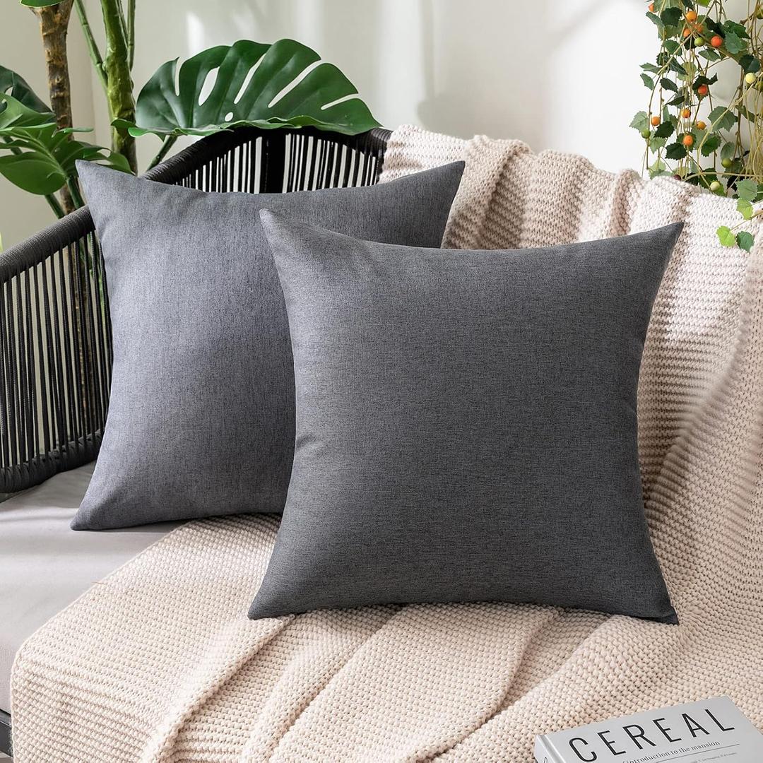 MIULEE Pack of 2 Decorative Outdoor Solid Waterproof Throw Pillow Covers Faux Linen Garden Farmhouse Cushion Cases for Patio Tent Balcony Couch Sofa 16x16 Inch Dark Grey