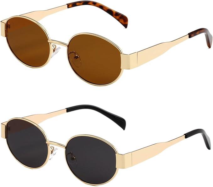 2 Pack Trendy Oval Sunglasses for Women Retro Designer Gold Sun Glasses Classic Metal Frame Shades 90s