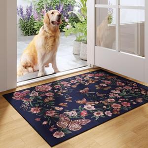 Rugcomf Door Mat Indoor Entrance 2x3 Rug Machine Washable Boho Floral Butterfly Small Area Rug Non-Slip Low Pile Throw Rugs for Entryway Kitchen Front Door Indoor Entrance Entry Kids Room, Night Blue