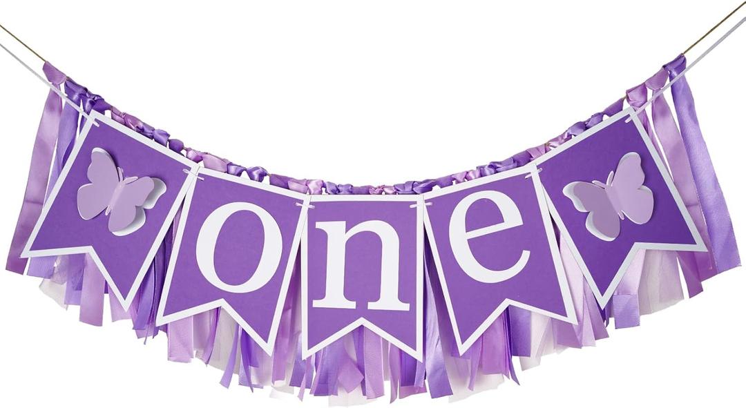 1st Highchair Banner Birthday Girl - NO DIY Butterfly First Birthday Party Decor Fairy Purple Butterfly First Birthdays Highchair Banner Spring One Year Old Highchair Garland Decor for Photo Props