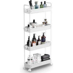SOLEJAZZ Slim Rolling Storage Cart with Wheels 4 Tier Skinny Bathroom Storage Organizer Narrow Shelf Unit Thin Laundry Room Utility Cart for Bedside Kitchen Office Next to Fridge Small Places, White