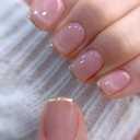 Nude Pink Press on Nails Short Square Fake Nails with French Tip Acrylic Glue on Nail Glossy Full Cover Artificial Stick on Nail for Women DIY Manicure