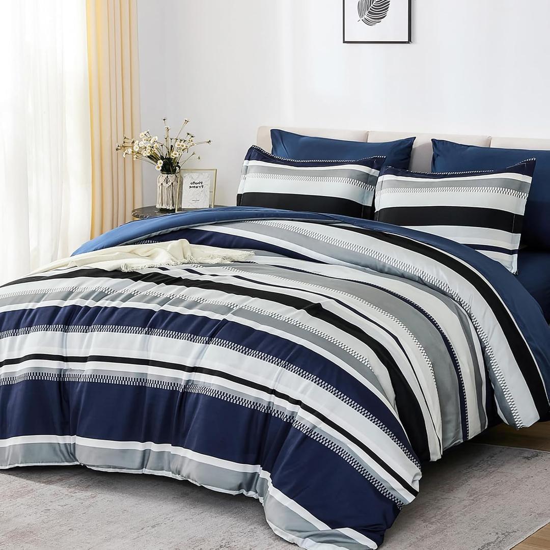 WONGS BEDDING Comforter Full Size, Navy Blue Bedding Comforter Set for Full Bed, Striped Bed in a Bag Full Size Comforter Sets for All Season 90"78"