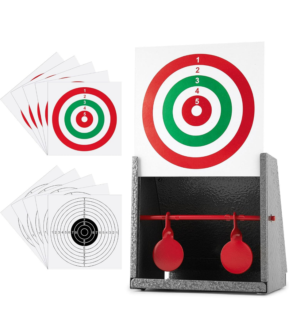 BB Gun Target Trap, Airsoft and Pellet Gun Shooting Targets With 10pcs Paper Target, Resetting Metal Silhouettes for Backyard, Outdoor, Indoor - Small Size
