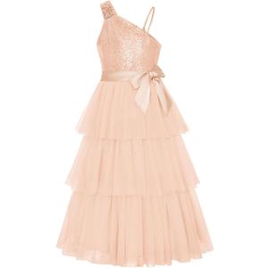 GRACE KARIN Girls Sequin Tulle Dress One Shoulder Formal Party Holiday Maxi Dress for Girl 6-14Y (6-7 Years, Rose Gold)