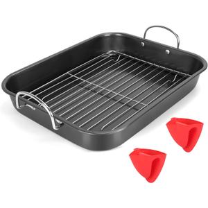 Nonstick Roasting Pan with Rack, 14.5x11.4’’ Baking Pan for Oven with Rack & Silicon Hand Clip, Heavy Duty Dishwasher Safe Rectangular Lasagna Pan with Handle for Turkey Chicken, Dark Grey