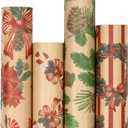 RUSPEPA Kraft Christmas Wrapping Paper Set, Jumbo Roll, Vintage Red Bow, Wreath, Poinsettia, Pine Cone & Candy Cane Design Gift Wrap for Xmas Rustic Holiday, 4 Rolls, 30 Inches x 10 Feet per Roll
