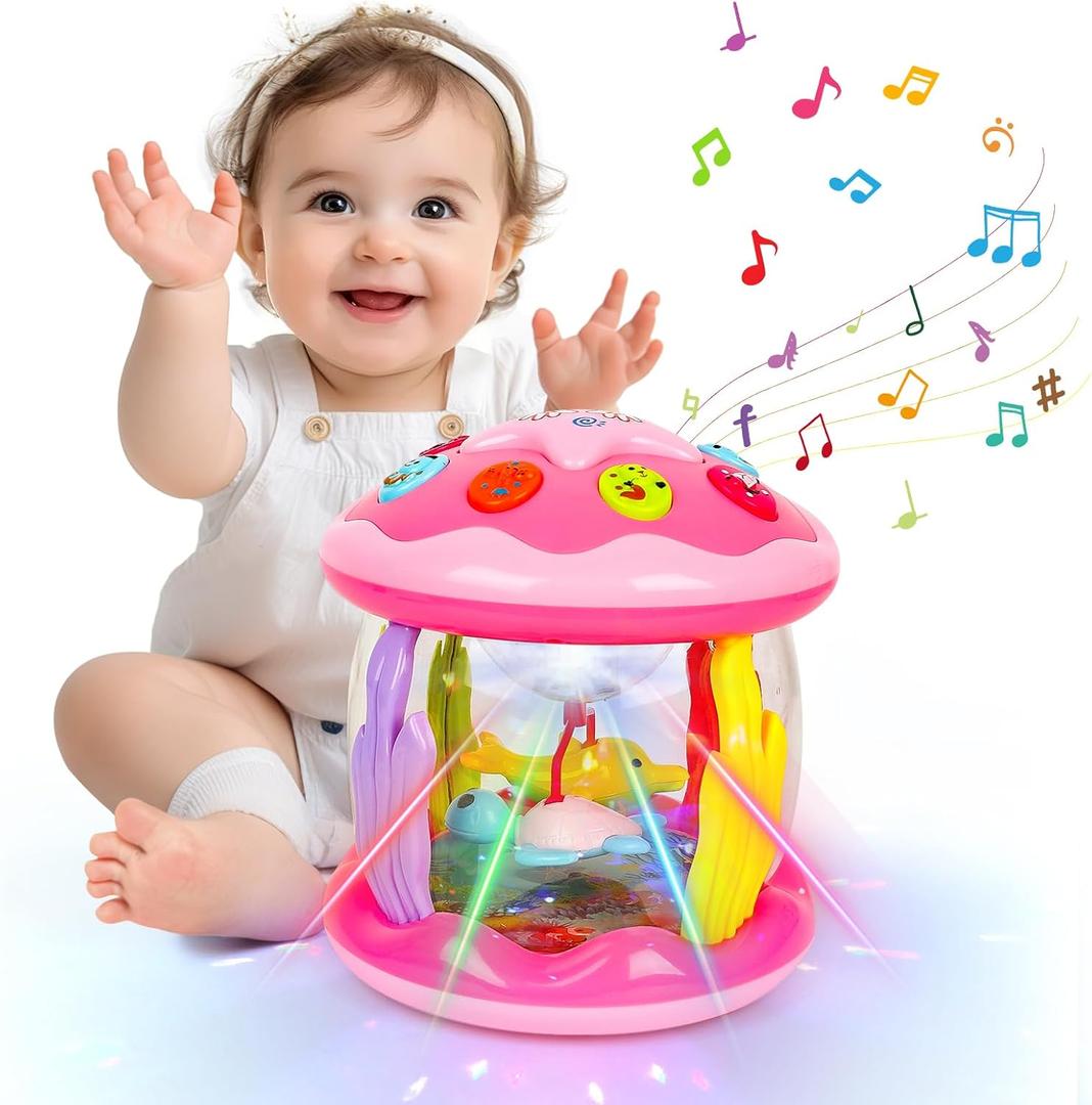 M SANMERSEN Baby Girl Toys 6-12 Months - Babies Ocean Rotating Projector Light Up Musical Toys for 12-18 Months Crawling Learning Tummy Time 1 2 Years Old Infant Boys Girls Gifts - Pink