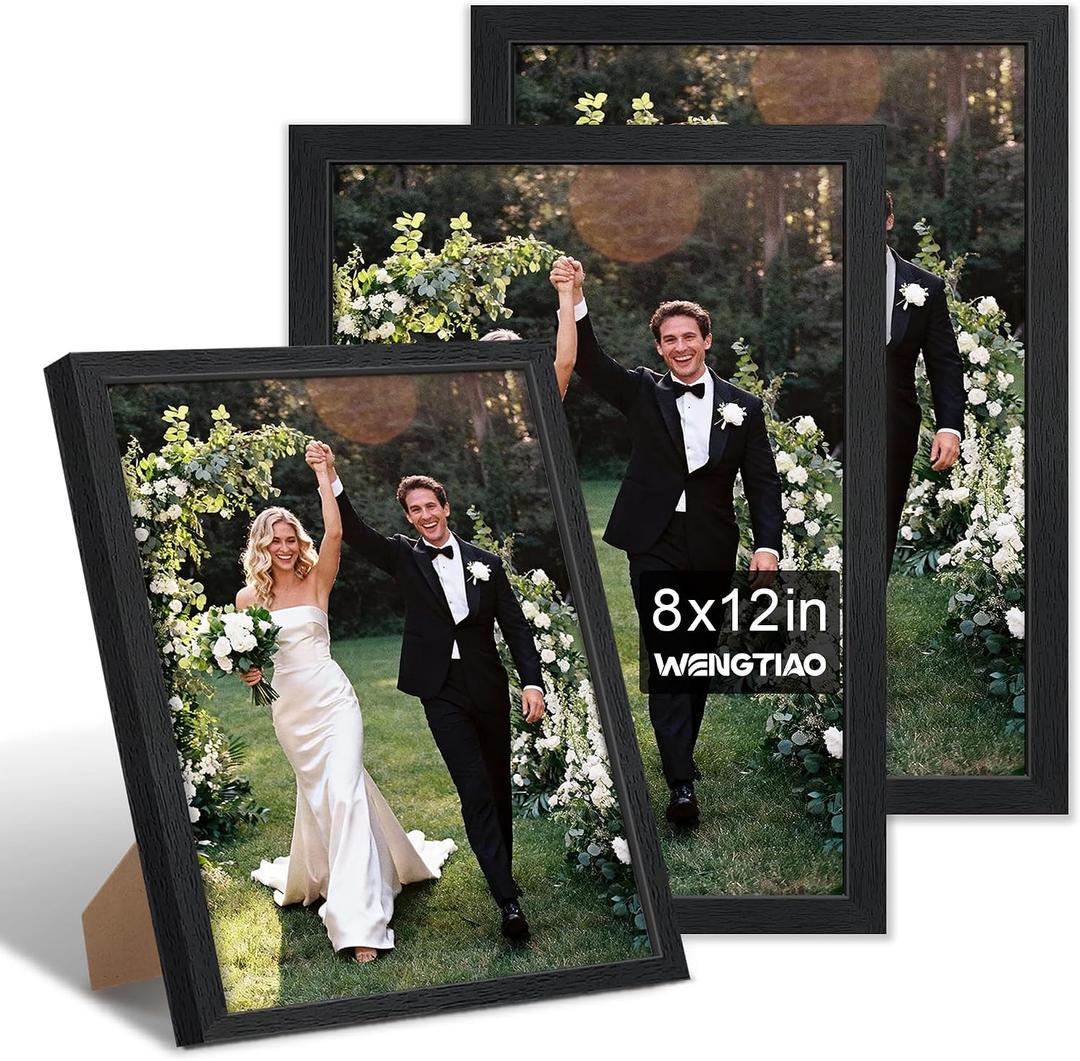 8x12 Picture Frame with Mat Set of 3 Black for Wall Hanging or Tabletop | Wall Mounting Horizontally or Vertically, 8 x 12 Frame Wall Gallery Poster Photo Frame with HD Plexiglass,Black