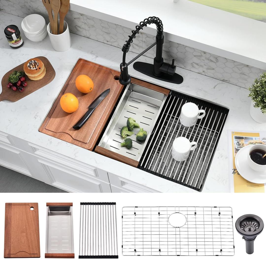 36x19 Black Undermount Kitchen Sink - 16 Gauge Stainless Steel Black Kitchen Sink Undermount 36 Inch,10 Inch Deep Single Bowl Workstation Sinks Includes Cutting Board & Colander