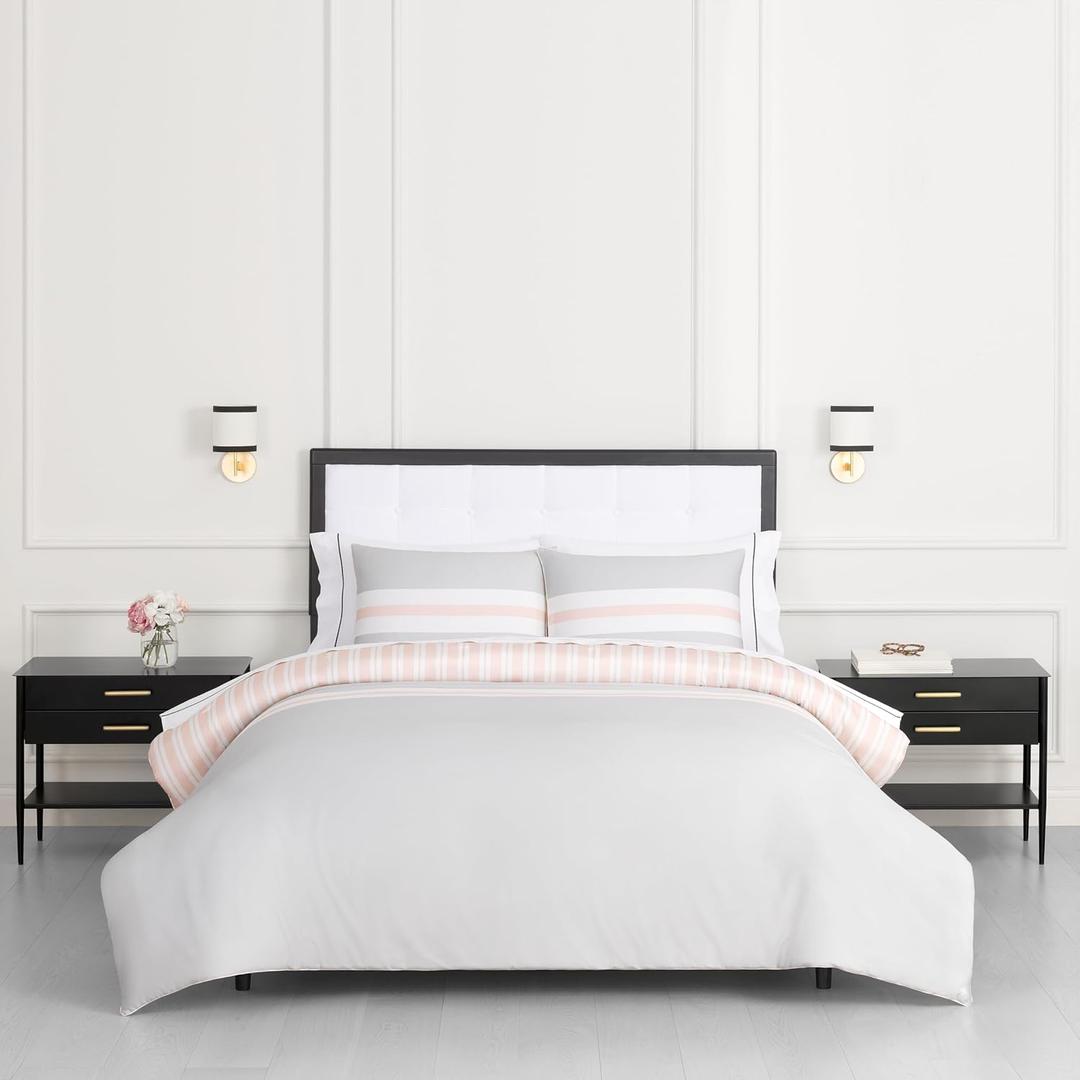 Kate Spade New York Engineered Stripe 3-Piece King Comforter Set, 300 Thread Count and 100% Cotton Reversible Cover, All Season Warmth Bedding, Machine Washable, Pink and Grey