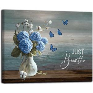 fengyuyi Blue Ocean Flower Canvas Wall Art Bathroom Decor Just Breathe Picture Hydrangea Cotton Floral Wall Decor Butterfly Prints 16x20inch