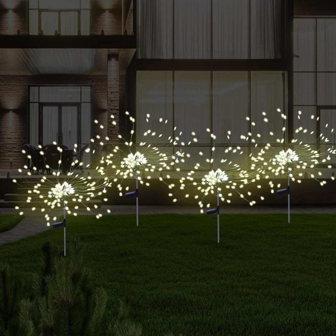 PXBNIUYA 4 Pcs Solar Garden Light Outdoor,175 LED Solar Firework Lights for Yard, 2 Modes IP67 Waterproof Copper Wire DIY Decorative Light, Starburst Lights for Party PatioWarm White