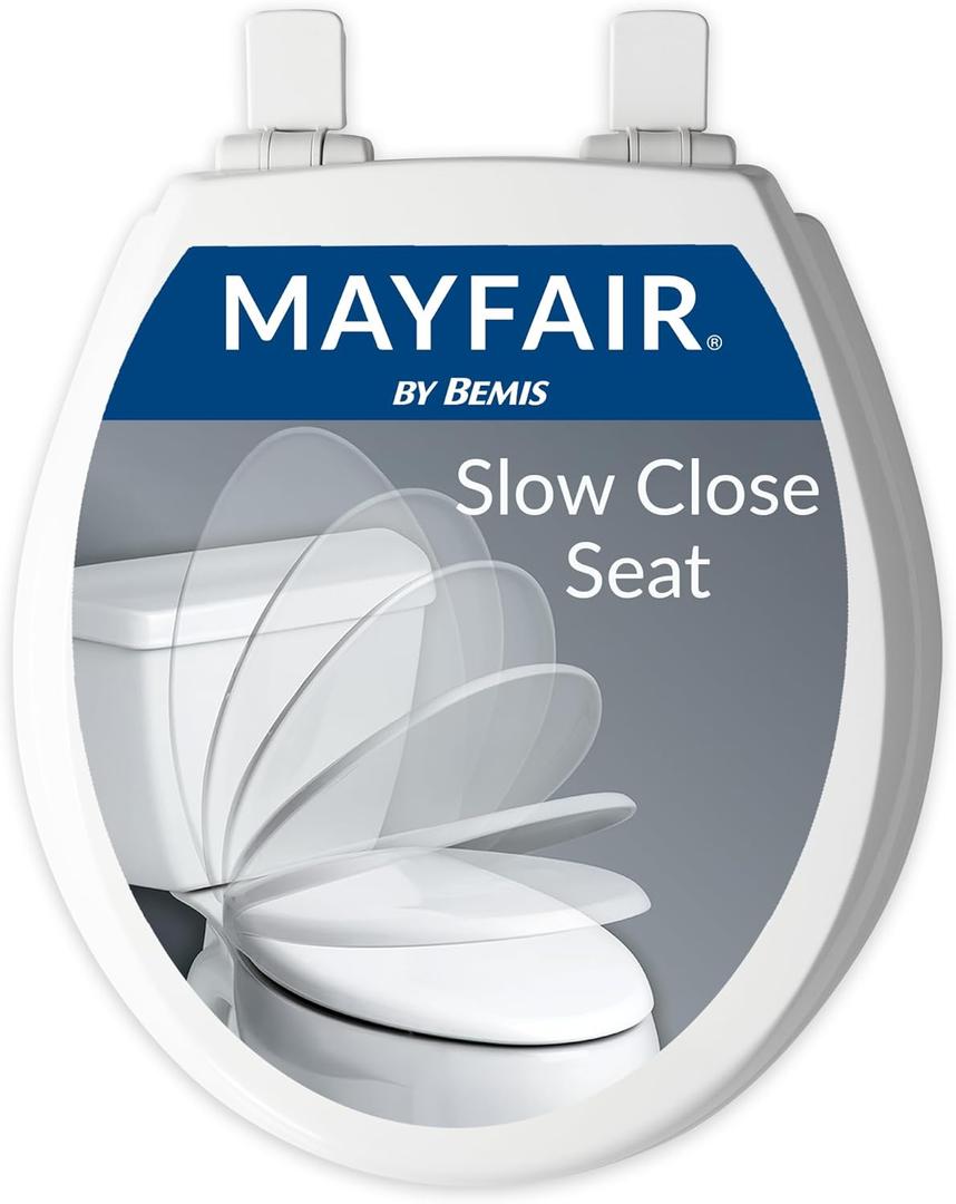 Mayfair Cassel Slow Close Toilet Seat, Easy Clean, Non Slip Premium Wood Seat, Easy Install, Made in USA, Round, White