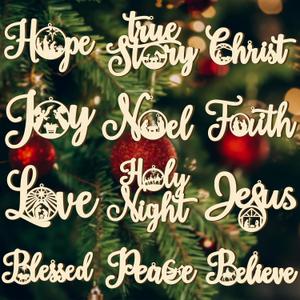Christmas Nativity Scene Tree Ornaments Christmas Wooden Hanging Ornaments Word Sign Religious Letter Hanging Craft The Birth of Jesus Wooden Decorations for Xmas Outdoor Home Decor (Wood)