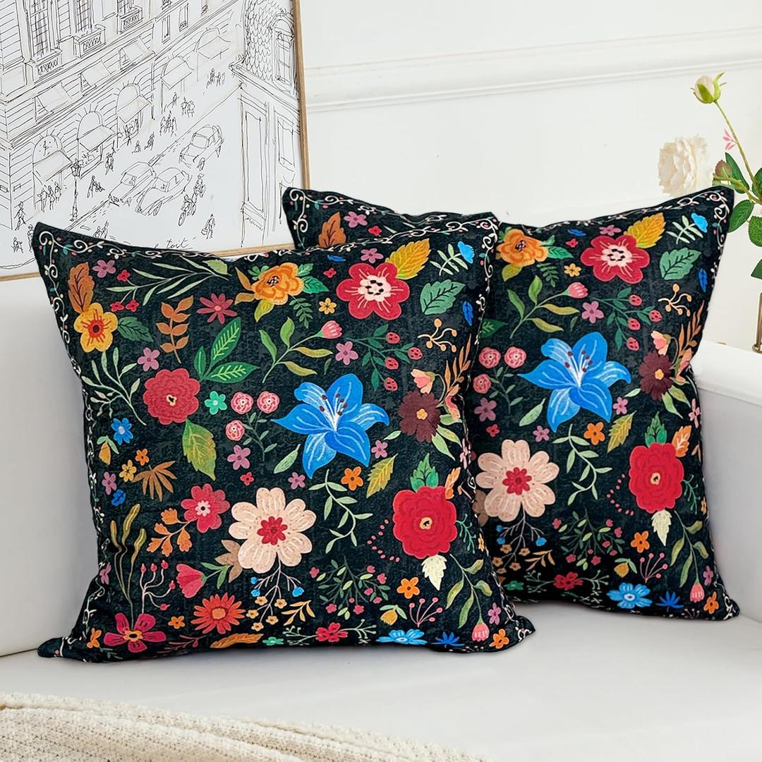 Floral Pillow Covers 24x24 Set of 2,Black Farmhouse Floral Pillow Covers Decorative Double Sided Pattern Cushion Cover Soft Pillow Case for Living Sofa Room Bed Porch Patio Square Pillow Cover